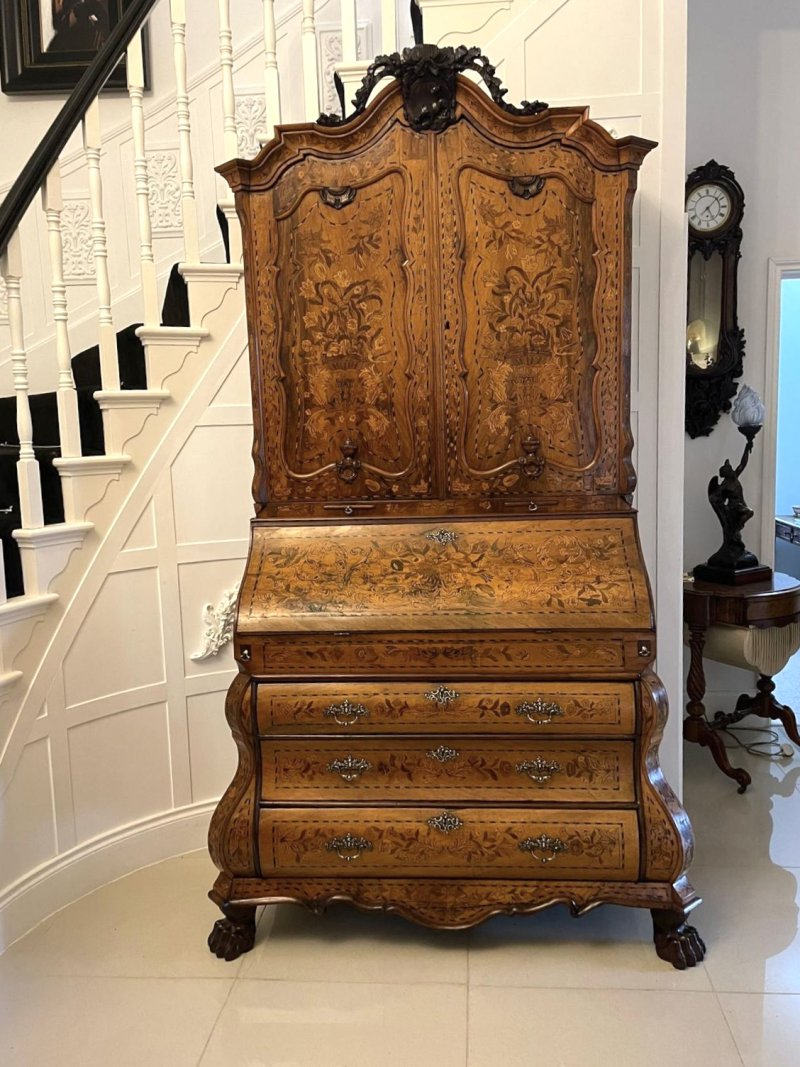 Outstanding Quality 18th Century Antique Dutch Marquetry Inlaid Burr Walnut Bureau Bookcase